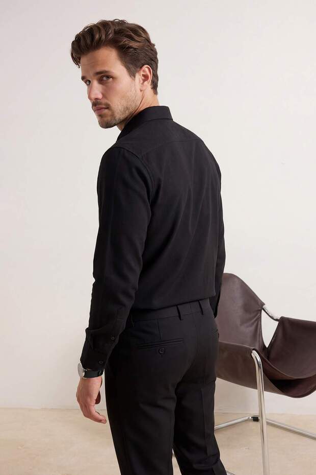 Siyah Normal Kalıp/Regular Fit %100 Pamuk Yazlık Erkek Dokuma Gömlek TMNSS26GO00023 - 4