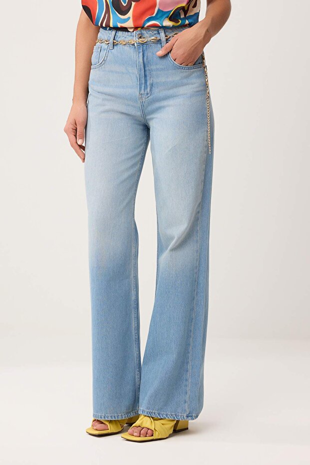 Mavi Kemerli %100 Pamuk Zincir Kemer Detaylı Yüksek Bel Wide Leg Jeans TWOSS26JE00233 - 3