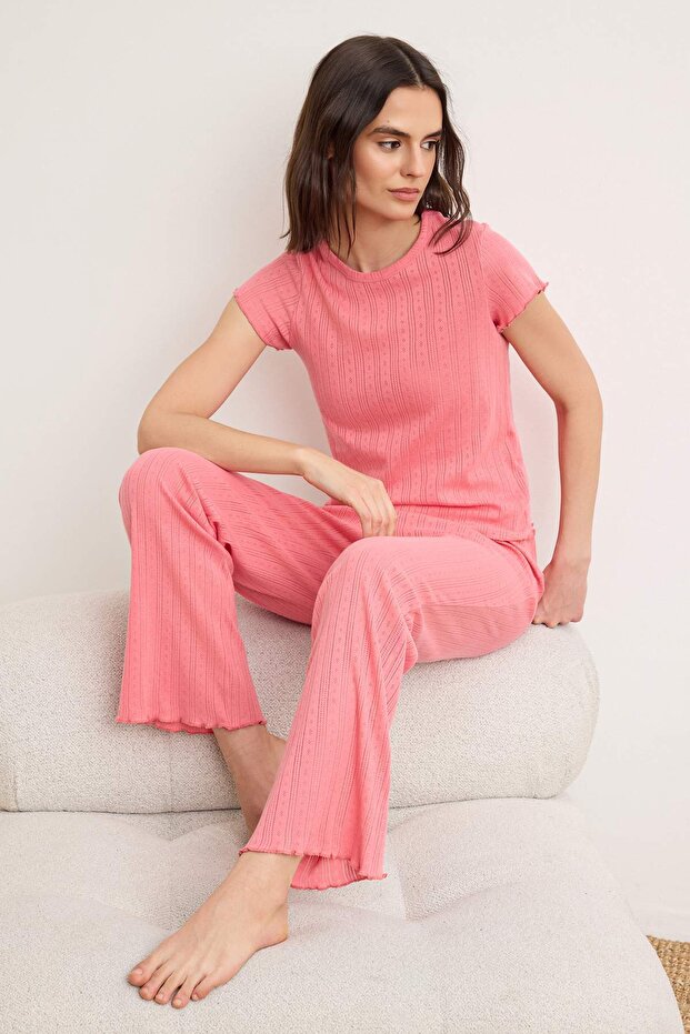 Pembe %100 Pamuklu Baby Overloklu Fitilli/Pointel Örme Pijama Takımı THMSS26PT00012 - 2