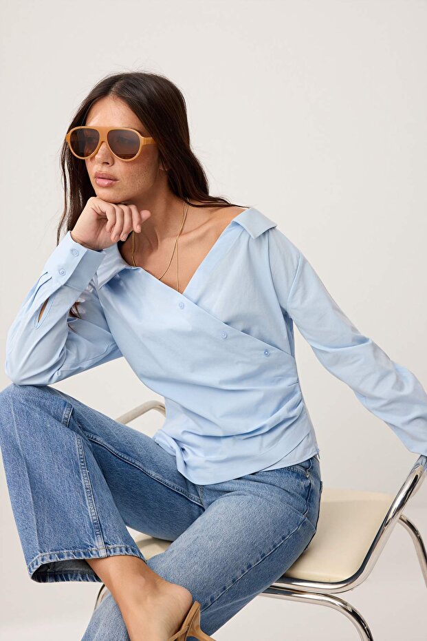 Açık Mavi Kayık Yaka Poplin Dokuma Bluz TWOSS26BZ00420 - 2