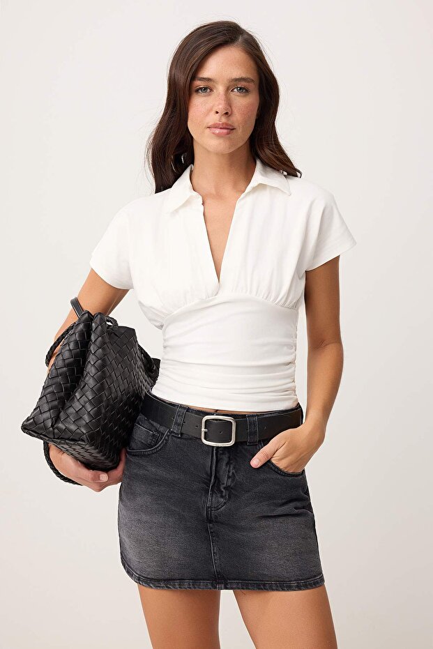 Siyah Az Esnek Mini Denim Şort Etek TWOSS26SR00052 - 3