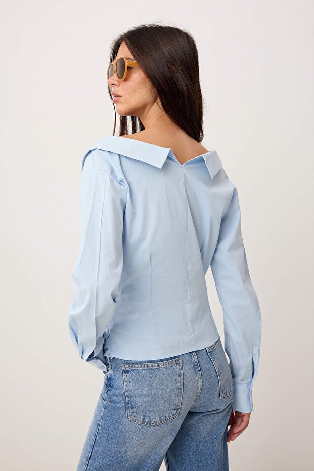Açık Mavi Kayık Yaka Poplin Dokuma Bluz TWOSS26BZ00420 - 4