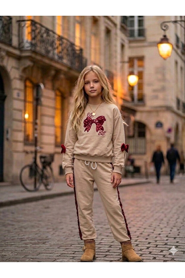 Sleeves with Ribbon Details, Sequin Embroidery, 2-Thread Seasonal Top and Bottom Girls' Set