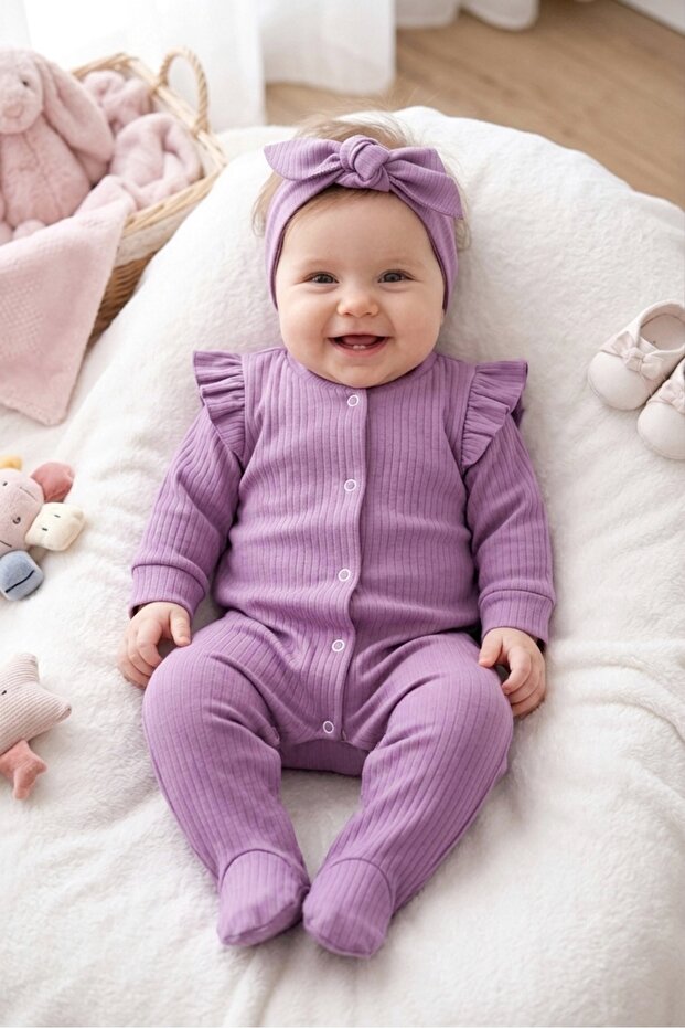 3-6-9 Months Bandana Included Ruffled Shoulder Colorful Jumpsuit Set 2-Piece Baby & Kids Set