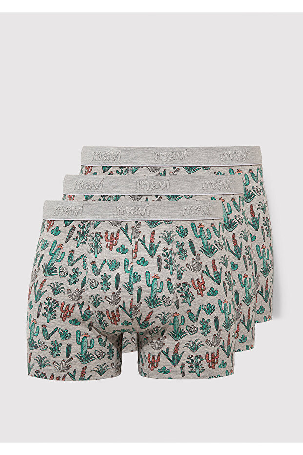 3lü Kaktüs Baskılı Gri Boxer 0912212-23854 - 1