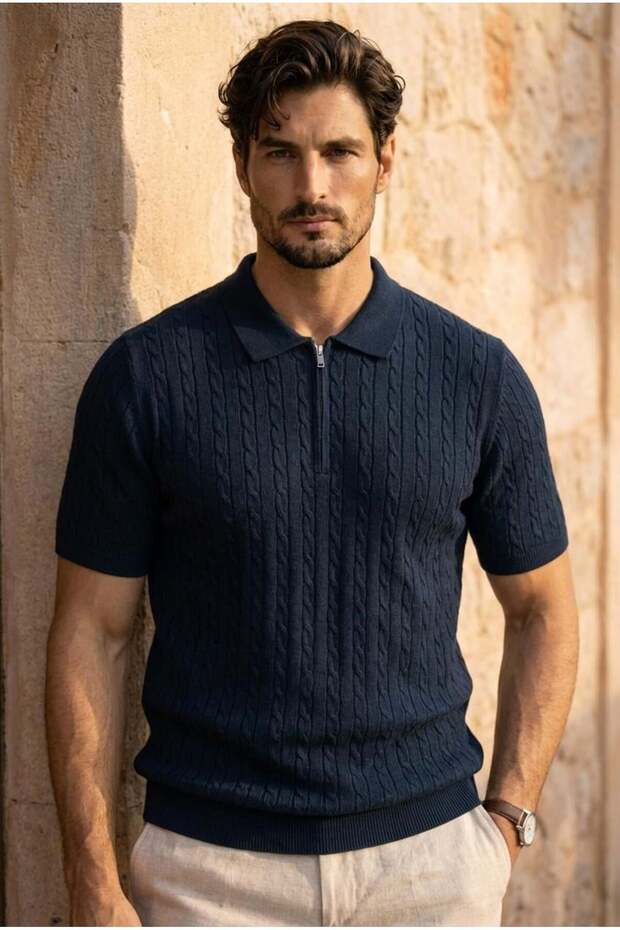 Burke Hair Weave Half Zipper Short Sleeve Thin Knitwear Men's T-Shirt - Navy Blue
