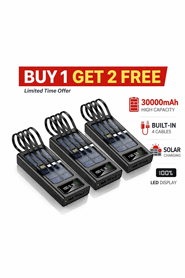 30000mAh Solar High-Capacity Power Bank with 4 Built-in Cables (Micro USB, USB-C, iPhone, USB-A)