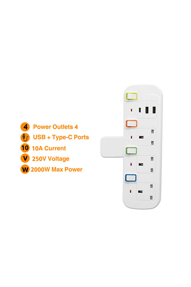 محول TradaMax متعدد 4 مخارج مع USB وType-C بقدرة 2000 واط - 3