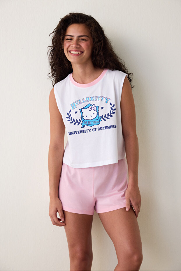 Optical White Sanrio Best Friends Printed Cotton Pajama Set with Suspender Shorts