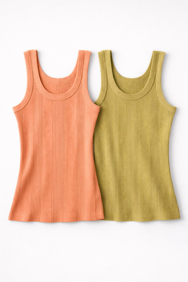 Cotton Combed Camisole Fabric Thick Strap Oval Neck Powder and Green Women's 2-Piece T-Shirt Undershirt