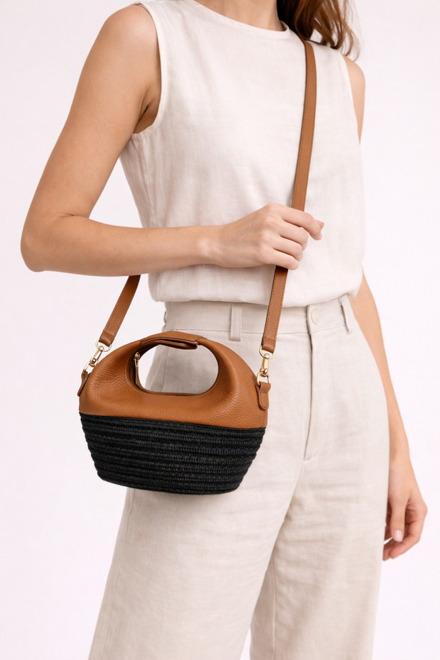 Capsule Soft Wicker and Genuine Leather Special Design Stylish Premium Women's Crossbody Bag with Adjustable Strap