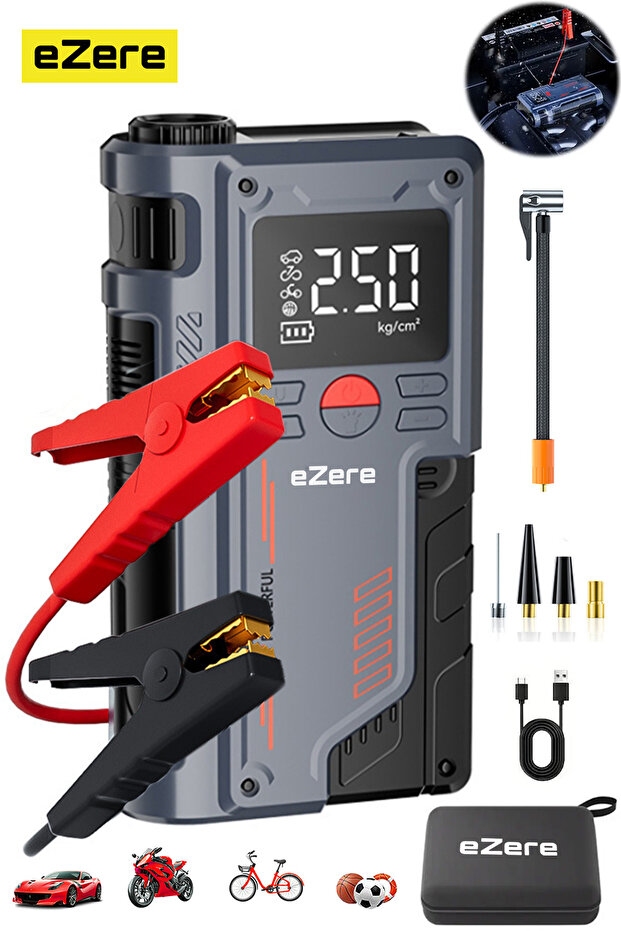EZERE ST-9631 Pro 4in1 Şarjlı Akü Takviye & Lastik Şişirme Powerbank & LED Işıklı, 150 PSI Yüksek Basınçlı