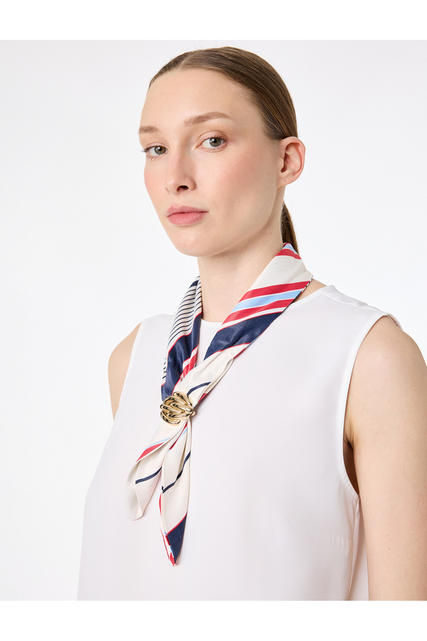 Crew Neck Scarf Detailed Sleeveless Blouse with Metal Accessories