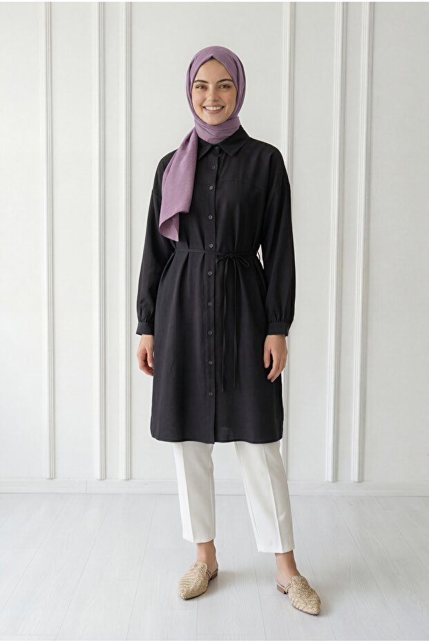Miresia Lace-Up Long Modal Shirt-Pe261 Black