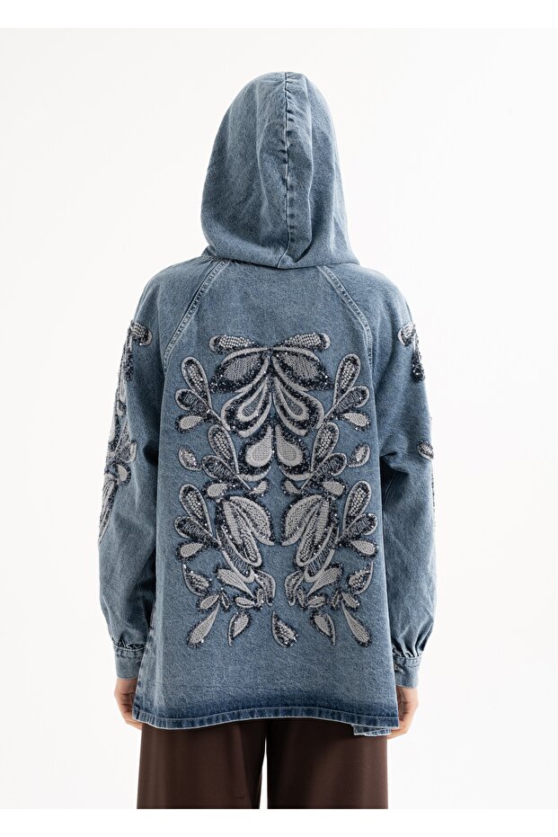Women's Stone Embroidered Embroidered Long Sleeve Cotton Denim Jacket