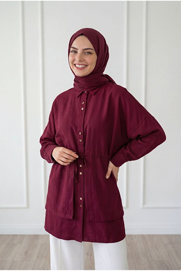 Saye Cape-Covered Waist Tunnel Shirt-Bn4659 Burgundy
