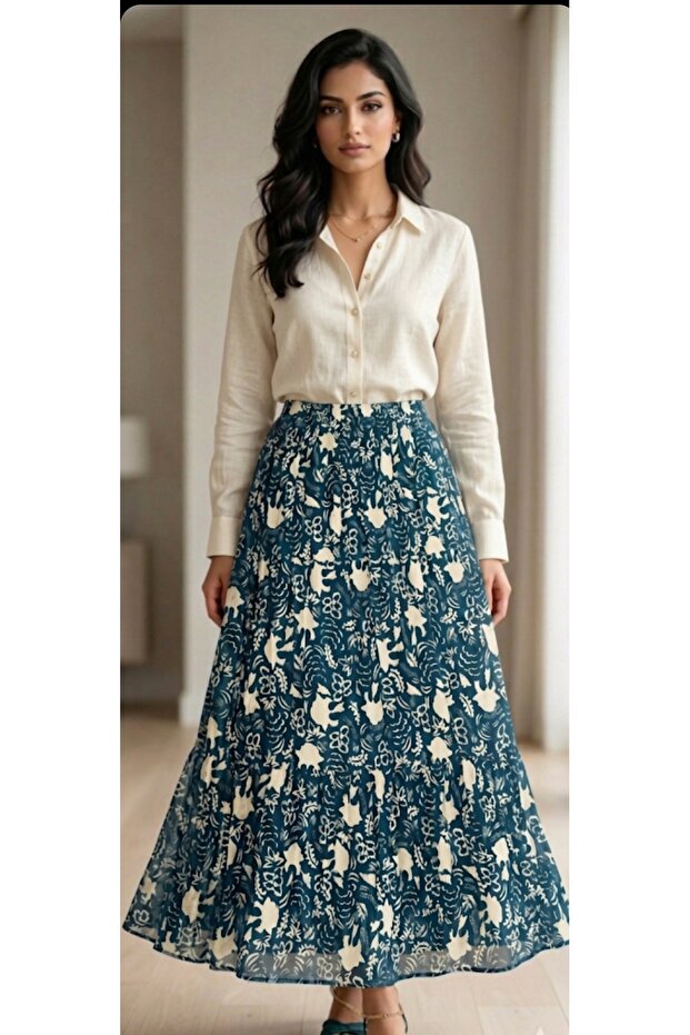 Women's Hijab Petrol Green Layered Ruffled Chiffon Skirt