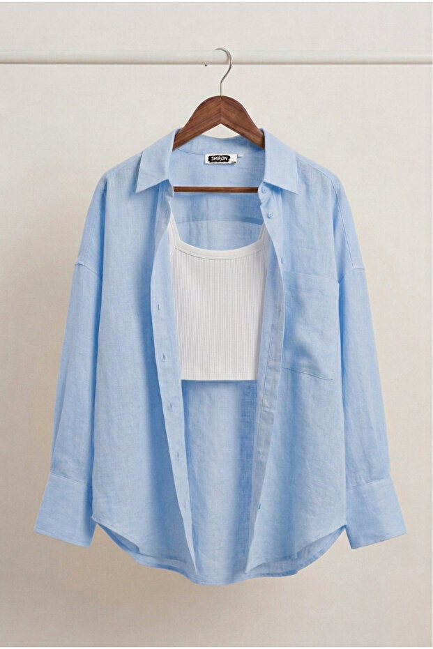 Shiron Sportswear&Company Mavi Kadın Oversize Keten Gömlek %100 Pamuk