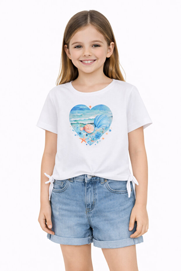 2-6 Years Old Girl's Sea Theme Heart Printed T-Shirt-6 Y