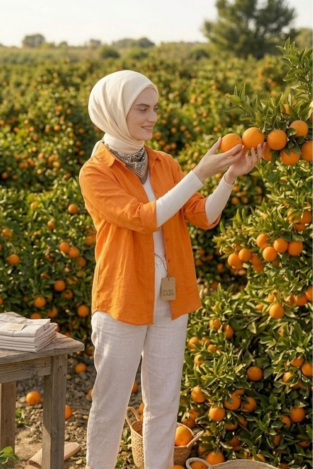 Hijab Collar Is Closed Natural Linen Fabric Loose Fit Comfortable Cut Shirt Truncu