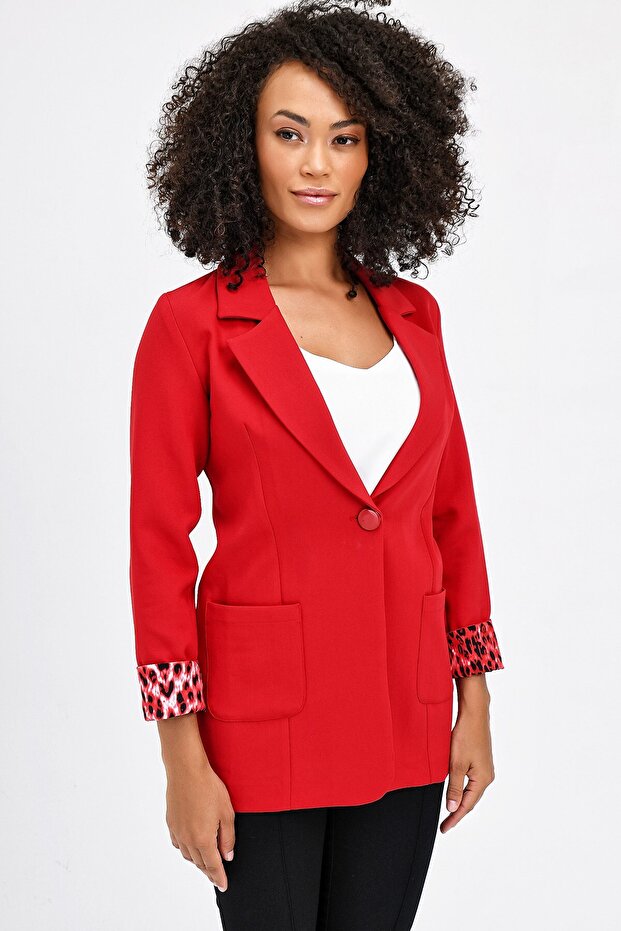 Collared, Pocketed, Long Sleeve, Foldable Fabric Blazer, Office Jacket - Red