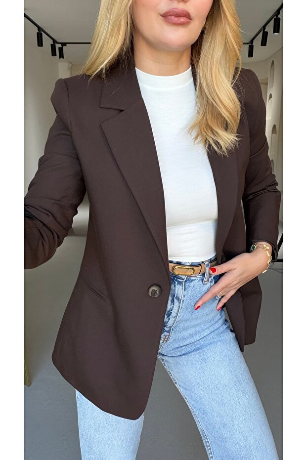 Single Button Brown Blazer Jacket - 2