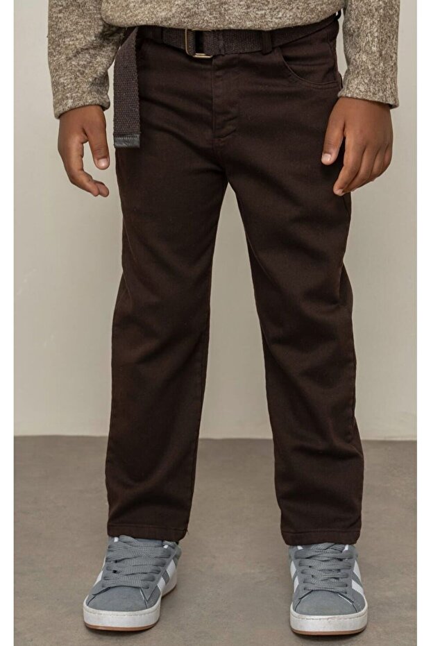 2-14 Years Old Boys' Brown Gabardine Stylish Trousers with Belt-10/11 Y
