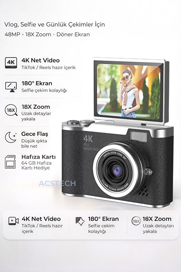 ACSTECH 4K Dijital Fotoğraf Makinesi 48MP Flip Ekran 18X Zoom Flaşlı 64GB Hediyeli Türkçe Menü