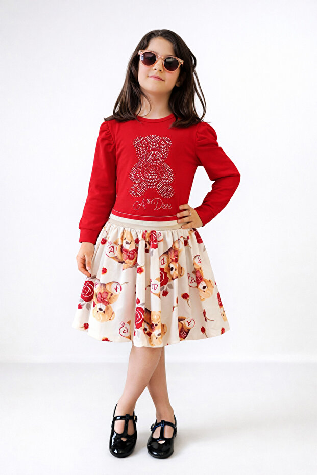 4-8 Years Old Girl's Red Stone-Embellished Blouse and Patterned Skirt Set-8Y/128Cm