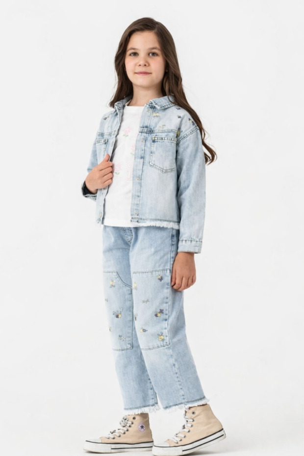 4-8 Years Old Girl's Embroidered 3-Piece Denim Set Comfortable Daily Combination-8 Y