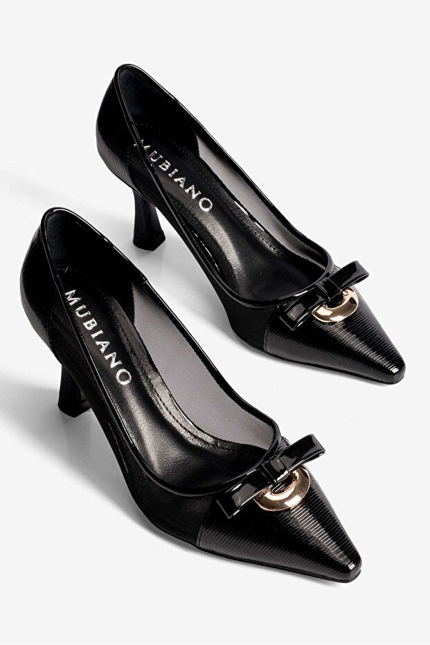 Women's Stiletto Bow Buckle Mesh Detailed Pointed Toe Heeled Shoes Nerina Black