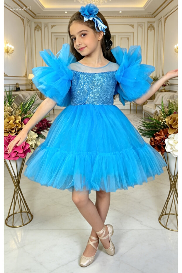 Sequin Embroidered Sleeves Fluffy Skirt Ruffled Tulle Buckle Puffy Dress
