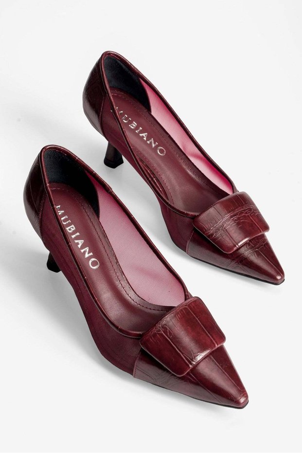 Women's Crocodile Stiletto Buckle Mesh Detailed Pointed Toe Heeled Shoes Arona Burgundy
