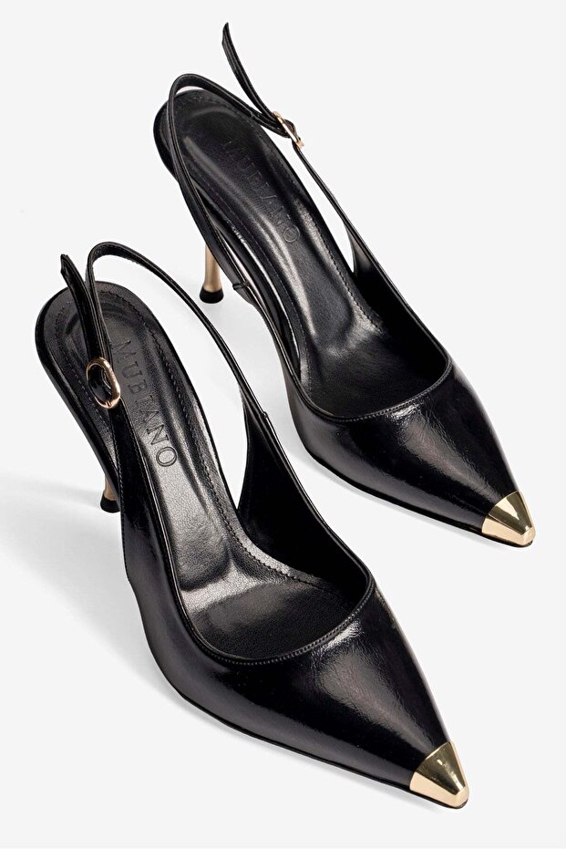 Women's Stiletto Pointed Toe Metal Toe Detail Open Back Heeled Shoes Violeta Black