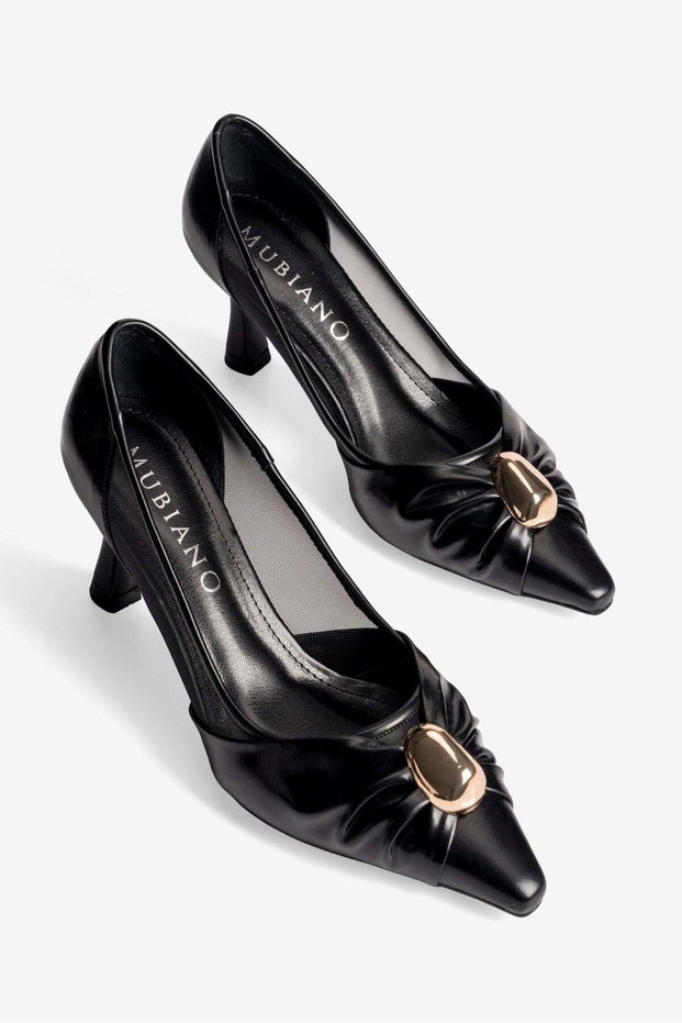 Women's Stiletto Buckle Mesh Detailed Pointed Toe Heeled Shoes Lauris Black