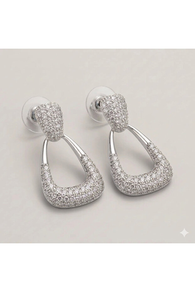 Non-Tarnish Steel Zircon Stone Geometric Cornered Triangle Earrings - Gift Boxed