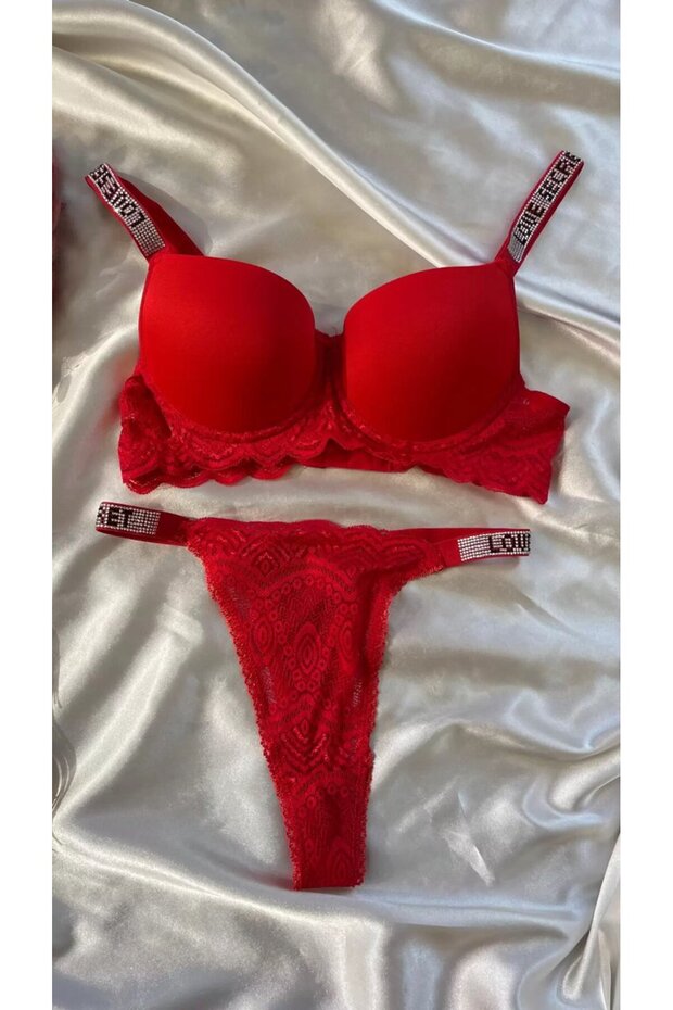 Red Vip Stone-Embellished Half Support Da Lace B Cup Padded Bath Suit Set