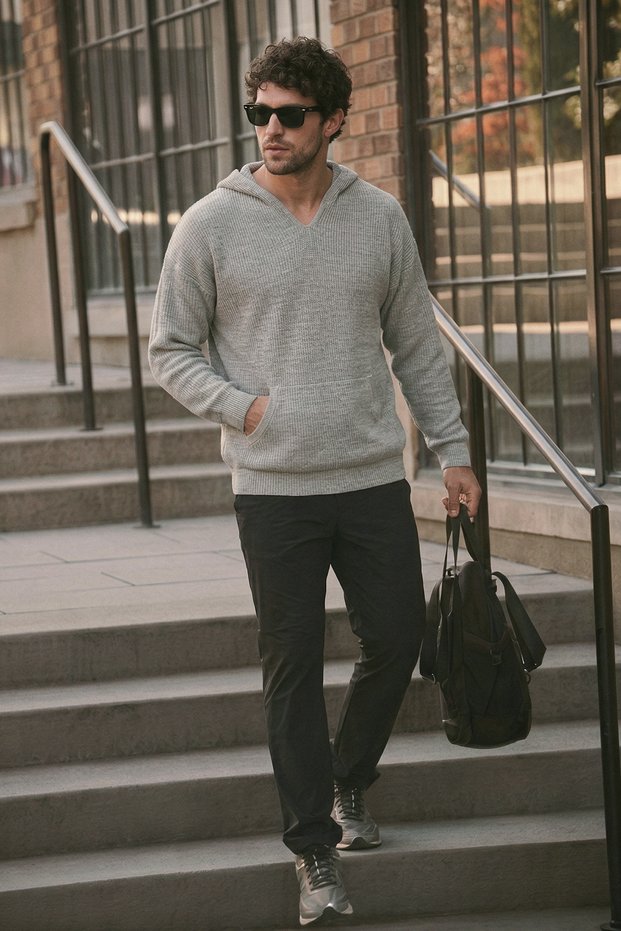 Men's Thessaloniki Knitted Hooded and Pocketed Standard Cut Knitwear Sweater Gray 25W2002