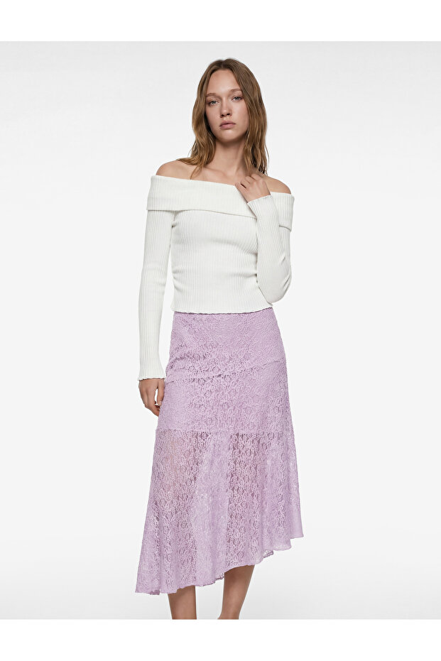 Asymmetrical Lace Detailed High Waist Midi Skirt