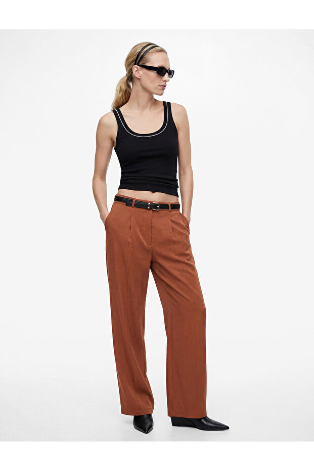 Wide Leg Belted Palazzo Trousers with Pile Detail and Pockets