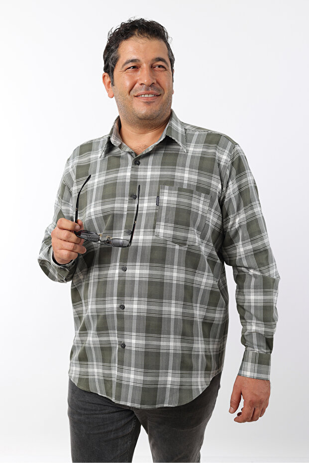 Large Size Khaki Plaid Gabardine Men's Shirt (Btl-7114-Tss)