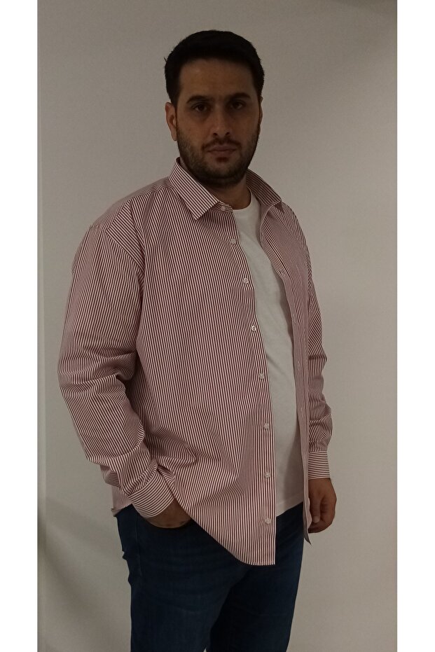Large Size Burgundy Striped Men's Shirt Btl-6139-Tss
