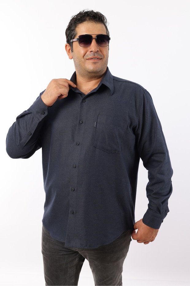 Plus Size Navy Blue-Khaki Wool Flannel Men's Shirt (Btl-7101-Tss)