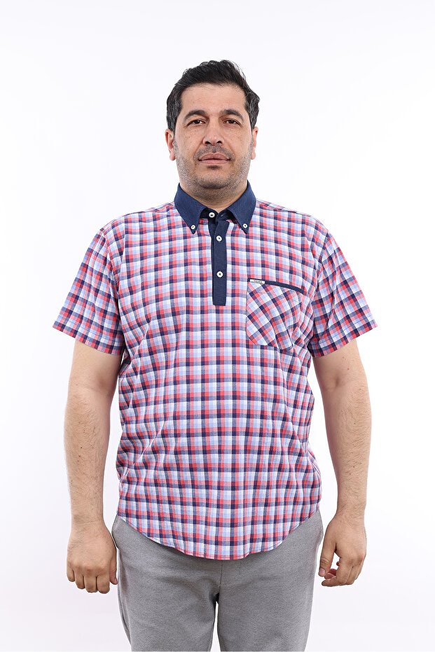Men's Large Size Navy Blue-Tile Plaid Lycra Shirt with Half Placket KK-8042-TSS