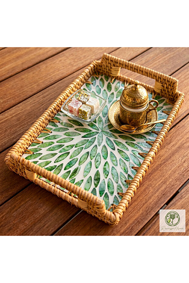Cenne Handmade Pearlescent Rattan Tray with Handles – Presentation and Decorative Serving Tray (20X30Cm)