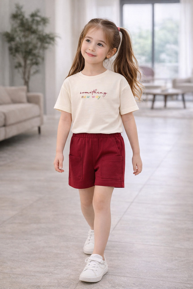 Girls' Double Short Sleeve Shorts Set Top Single Jersey Bottom Two Yarn Fabric Crewneck