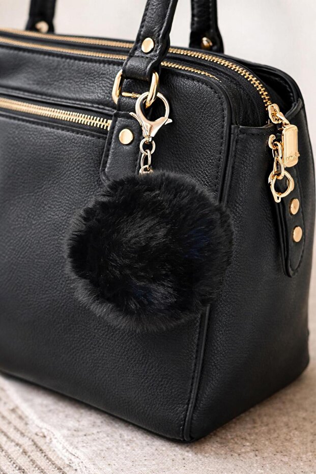 Black Plush Soft Fluffy Pom Pom Keychain and Bag Accessory