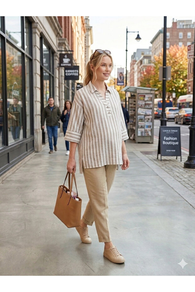Cotton Striped Maternity Oversize Blouse with Nursing Detail