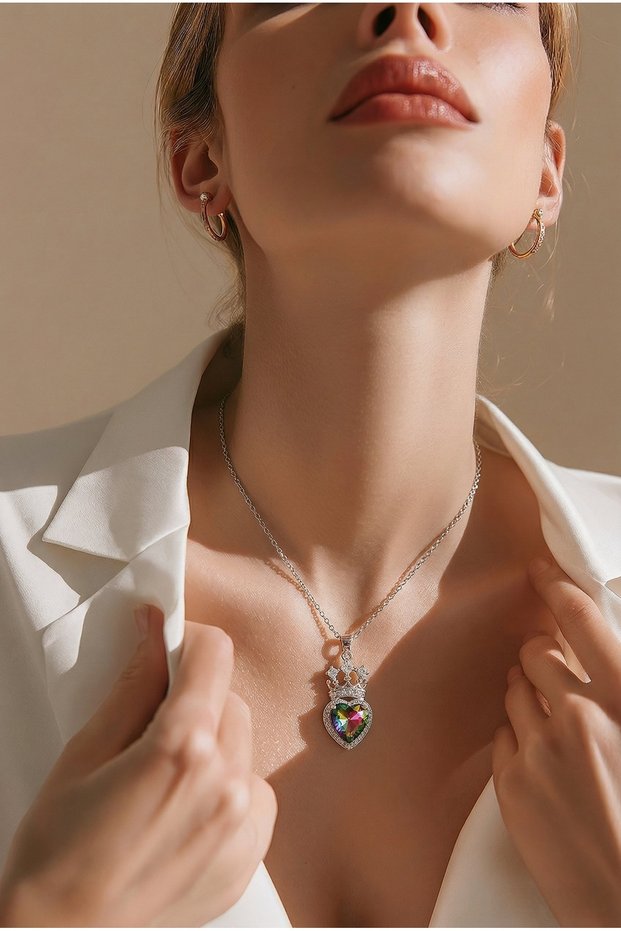 Stainless Steel Silver Color Colorful Crystal Stone Crowned Heart Pendant