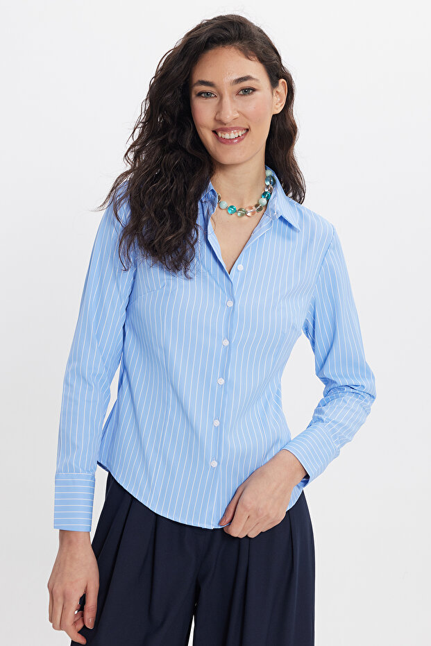 Women's Slim Fit Long Sleeve Striped Blue Shirt